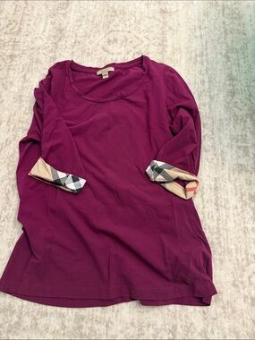 Burberry Magenta Long-Sleeve Cotton Top with Check Cuffs
